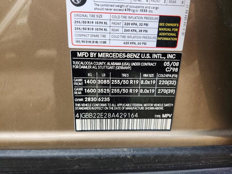 69324526 :رقم المزاد ، 4JGBB22E28A429164 vin ، 2008 Mercedes-benz Ml مزاد بيع