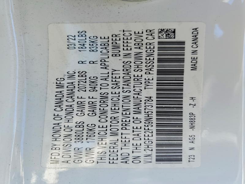Продажа на аукционе авто 2022 Honda Civic, vin: 2HGFE2F59NH573784, номер лота: 68957696