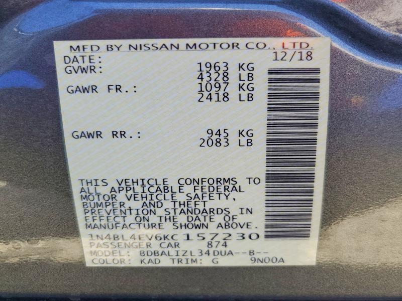 2019 Nissan Altima მანქანა იყიდება აუქციონზე, vin: 1N4BL4EV6KC157230, აუქციონის ნომერი: 67645936