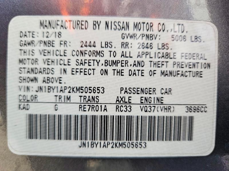 Продаж на аукціоні авто 2019 Infiniti Q70, vin: JN1BY1AP2KM505653, номер лоту: 70746086