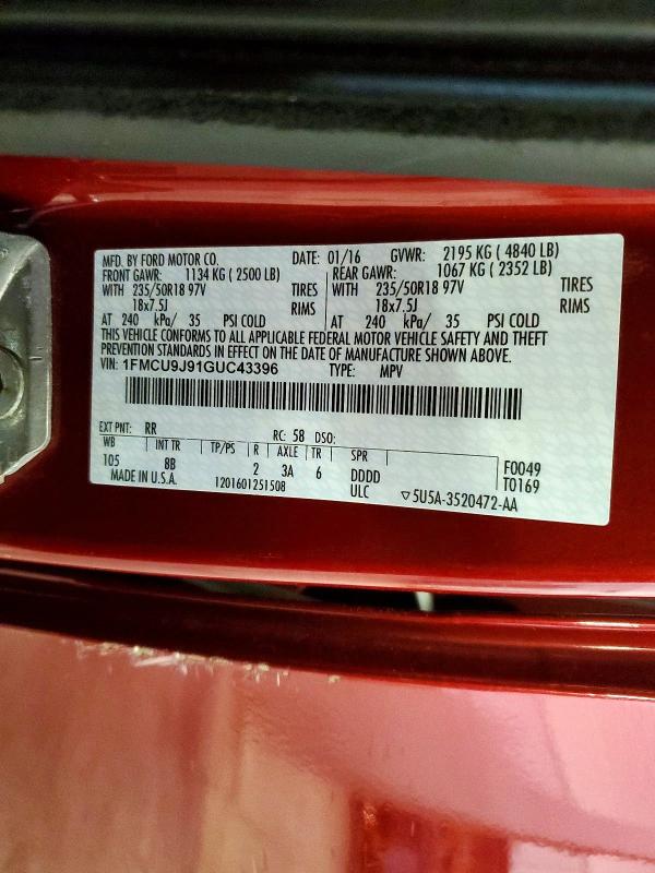 Aukcja sprzedaży 2016 Ford Escape, vin: 1FMCU9J91GUC43396, numer aukcji: 67347436