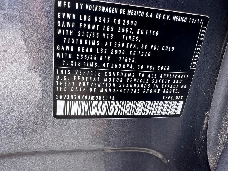 Aukcja sprzedaży 2018 Volkswagen Tiguan, vin: 3VV3B7AX6JM085115, numer aukcji: 68298456