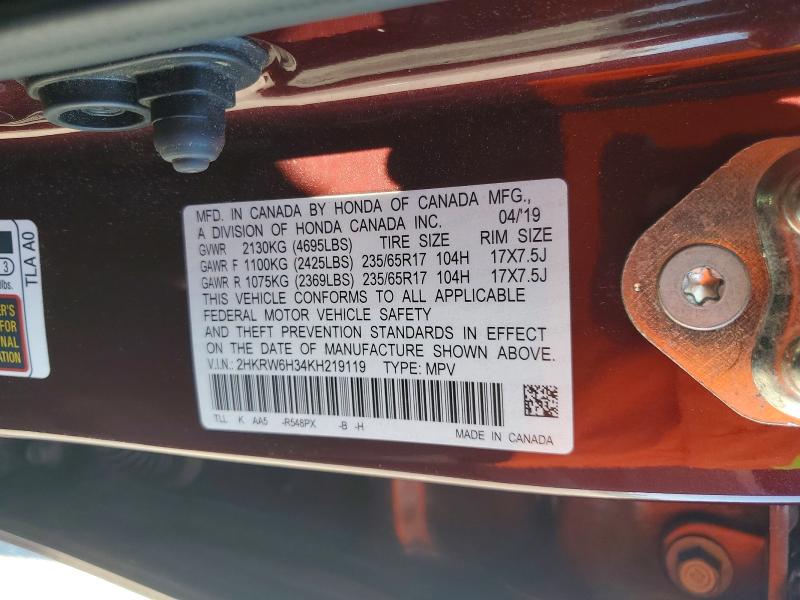 Продажа на аукционе авто 2019 Honda Cr-v, vin: 2HKRW6H34KH219119, номер лота: 59408246