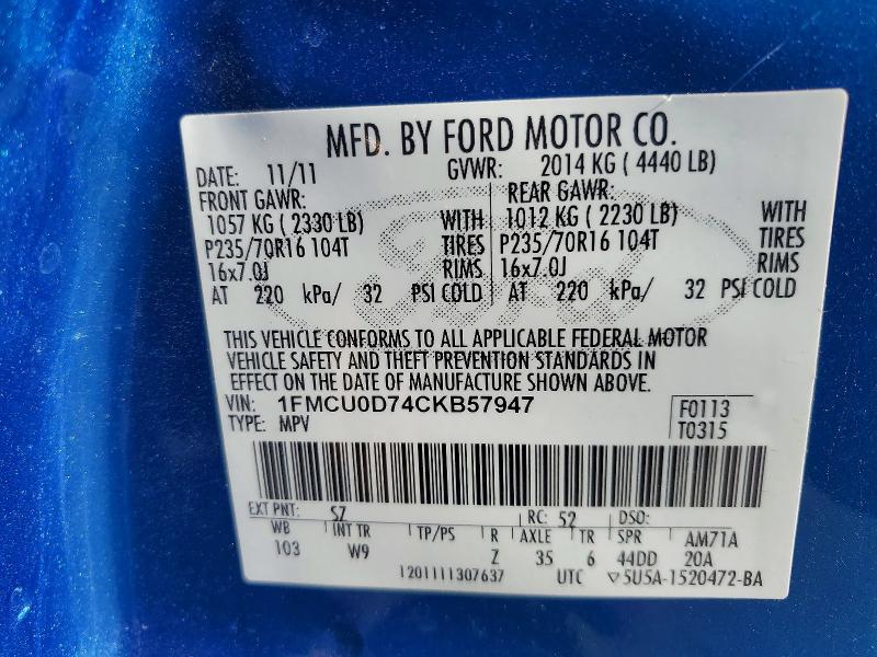 Продажа на аукционе авто 2012 Ford Escape, vin: 1FMCU0D74CKB57947, номер лота: 69748866