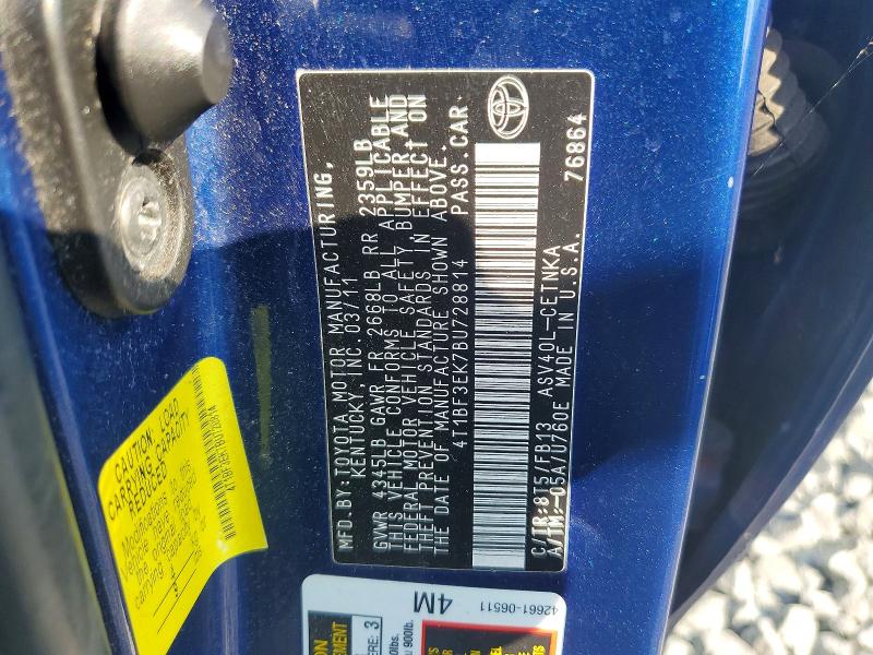 2011 Toyota Camry მანქანა იყიდება აუქციონზე, vin: 4T1BF3EK7BU728814, აუქციონის ნომერი: 68443756