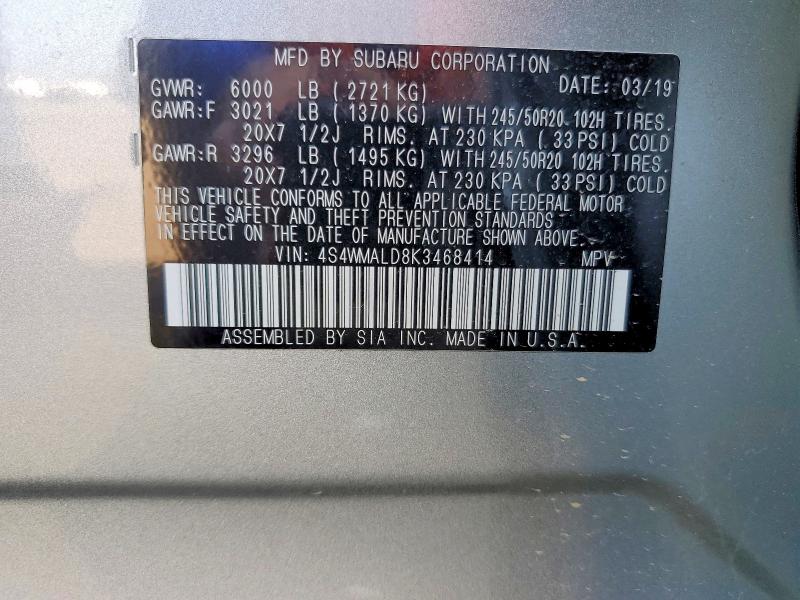Aukcja sprzedaży 2019 Subaru Ascent, vin: 4S4WMALD8K3468414, numer aukcji: 67480776