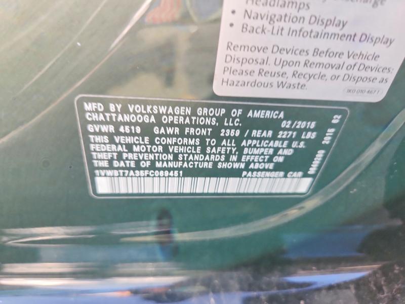 69091086 :رقم المزاد ، 1VWBT7A35FC069451 vin ، 2015 Volkswagen Passat مزاد بيع