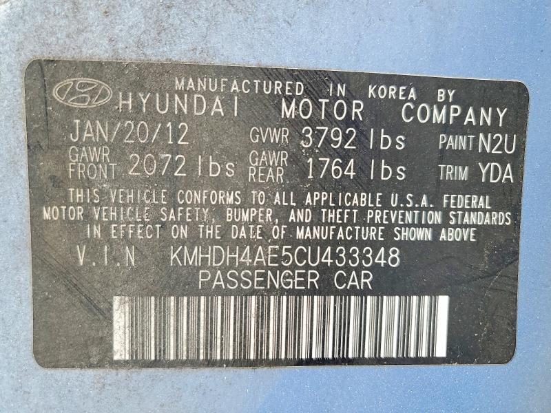 2012 Hyundai Elantra მანქანა იყიდება აუქციონზე, vin: KMHDH4AE5CU433348, აუქციონის ნომერი: 70519396