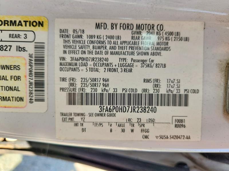 Aukcja sprzedaży 2018 Ford Fusion, vin: 3FA6P0HD7JR238240, numer aukcji: 70644036