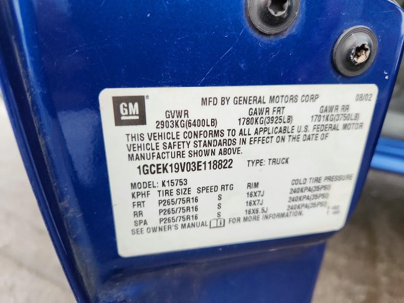 2003 Chevrolet Silverado მანქანა იყიდება აუქციონზე, vin: 1GCEK19V03E118822, აუქციონის ნომერი: 66898896