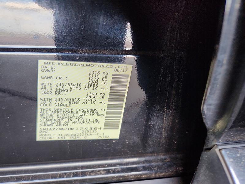 2017 Nissan Murano მანქანა იყიდება აუქციონზე, vin: 5N1AZ2MG7HN174364, აუქციონის ნომერი: 68354916