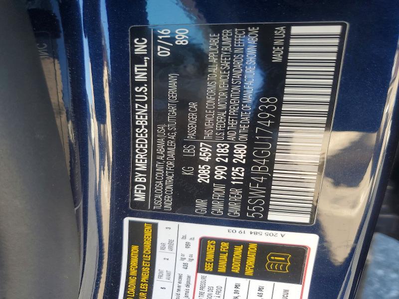 2016 Mercedes-benz C მანქანა იყიდება აუქციონზე, vin: 55SWF4JB4GU174938, აუქციონის ნომერი: 69953076