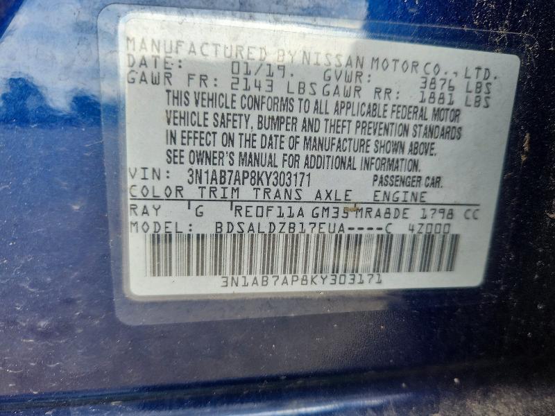 2019 Nissan Sentra მანქანა იყიდება აუქციონზე, vin: 3N1AB7AP8KY303171, აუქციონის ნომერი: 69951166