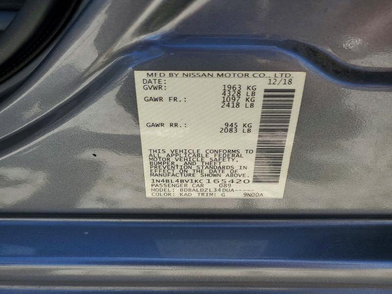 2019 Nissan Altima მანქანა იყიდება აუქციონზე, vin: 1N4BL4BV1KC165420, აუქციონის ნომერი: 70632596