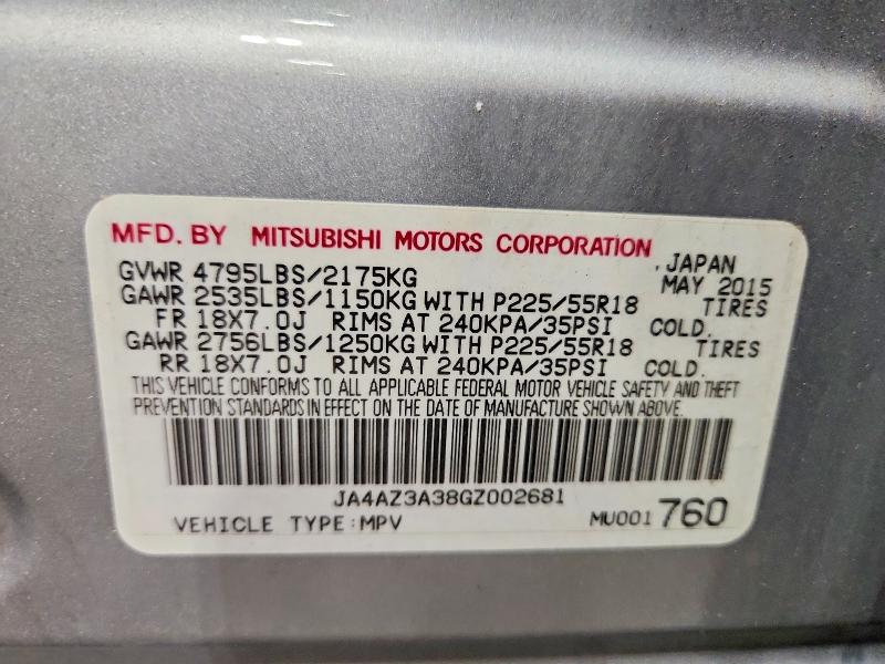 71039866 :رقم المزاد ، JA4AZ3A38GZ002681 vin ، 2016 Mitsubishi Outlander مزاد بيع