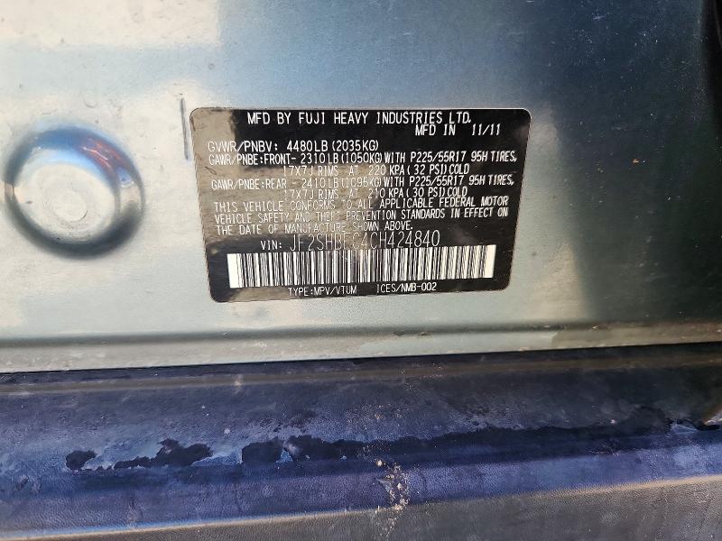 2012 Subaru Forester მანქანა იყიდება აუქციონზე, vin: JF2SHBEC4CH424840, აუქციონის ნომერი: 67921336