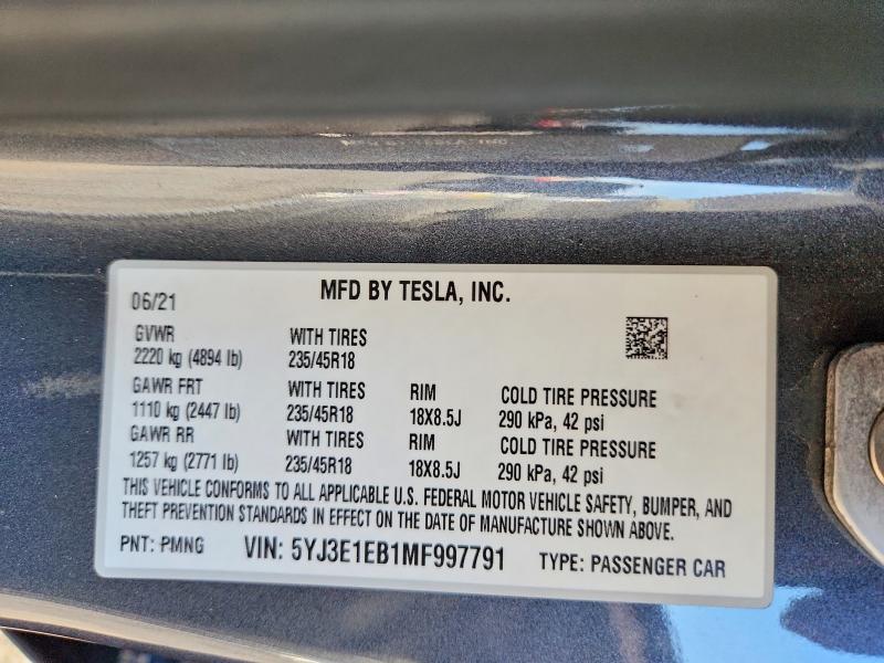 Aukcja sprzedaży 2021 Tesla Model 3, vin: 5YJ3E1EB1MF997791, numer aukcji: 65959906