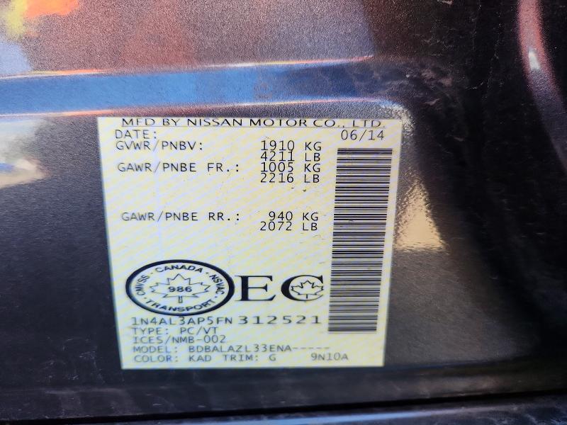 2015 Nissan Altima მანქანა იყიდება აუქციონზე, vin: 1N4AL3AP5FN312521, აუქციონის ნომერი: 69929456