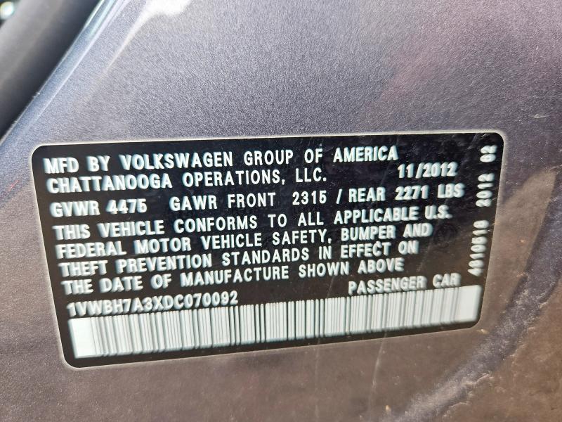 Aukcja sprzedaży 2013 Volkswagen Passat, vin: 1VWBH7A3XDC070092, numer aukcji: 68057716