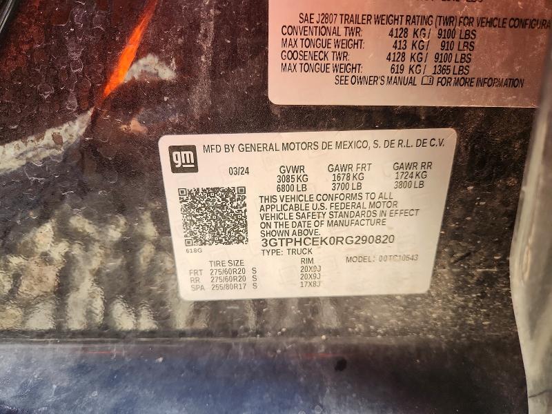 Aukcja sprzedaży 2024 Gmc Sierra, vin: 3GTPHCEK0RG290820, numer aukcji: 67420026