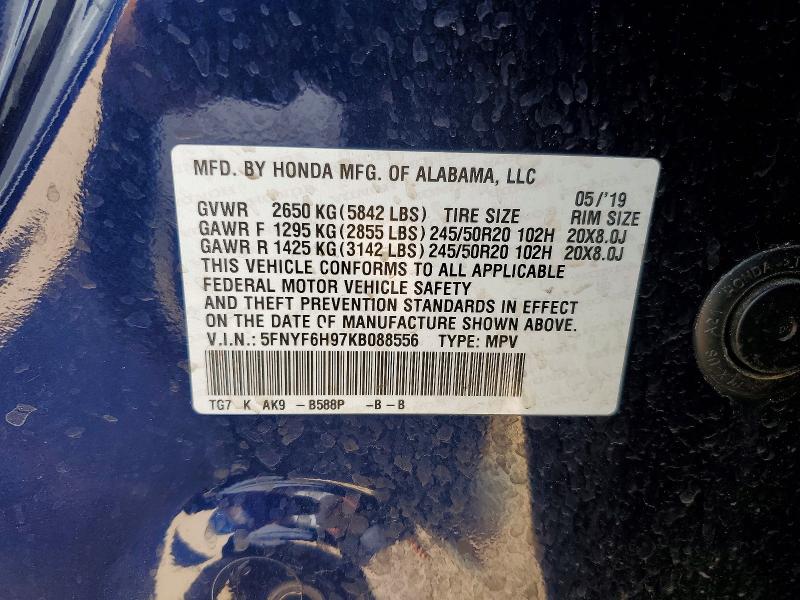 Aukcja sprzedaży 2019 Honda Pilot, vin: 5FNYF6H97KB088556, numer aukcji: 68401086