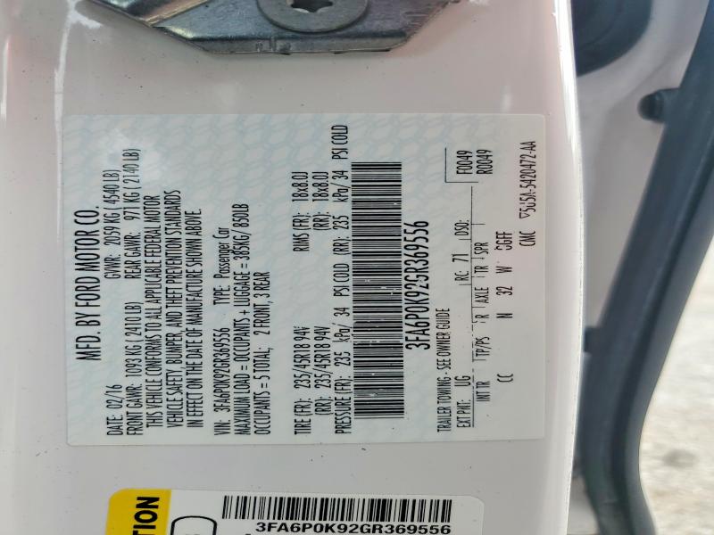 Продаж на аукціоні авто 2016 Ford Fusion, vin: 3FA6P0K92GR369556, номер лоту: 69966866