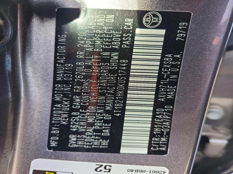 2019 Toyota Camry Hybrid მანქანა იყიდება აუქციონზე, vin: 4T1B21HK0KU517448, აუქციონის ნომერი: 70824156