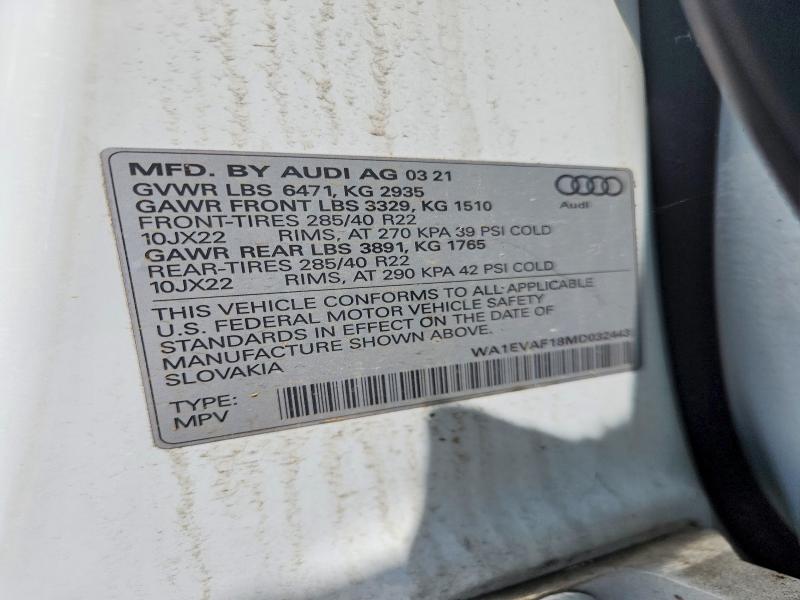 68224846 :رقم المزاد ، WA1EVAF18MD032443 vin ، 2021 Audi Q8 مزاد بيع