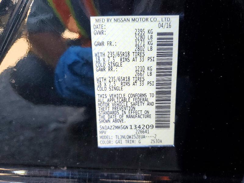 2016 Nissan Murano მანქანა იყიდება აუქციონზე, vin: 5N1AZ2MH5GN134209, აუქციონის ნომერი: 67814006