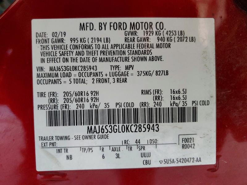 68222406 :رقم المزاد ، MAJ6S3GL0KC285943 vin ، 2019 Ford Ecosport مزاد بيع