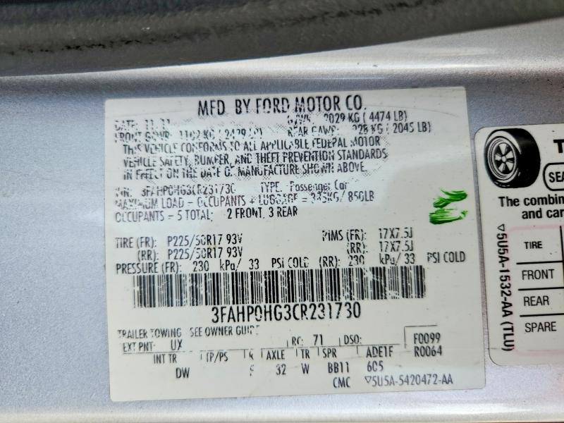 2012 Ford Fusion მანქანა იყიდება აუქციონზე, vin: 3FAHP0HG3CR231730, აუქციონის ნომერი: 67031786