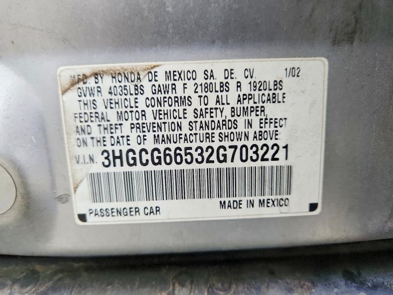 69627106 :رقم المزاد ، 3HGCG66532G703221 vin ، 2002 Honda Accord مزاد بيع