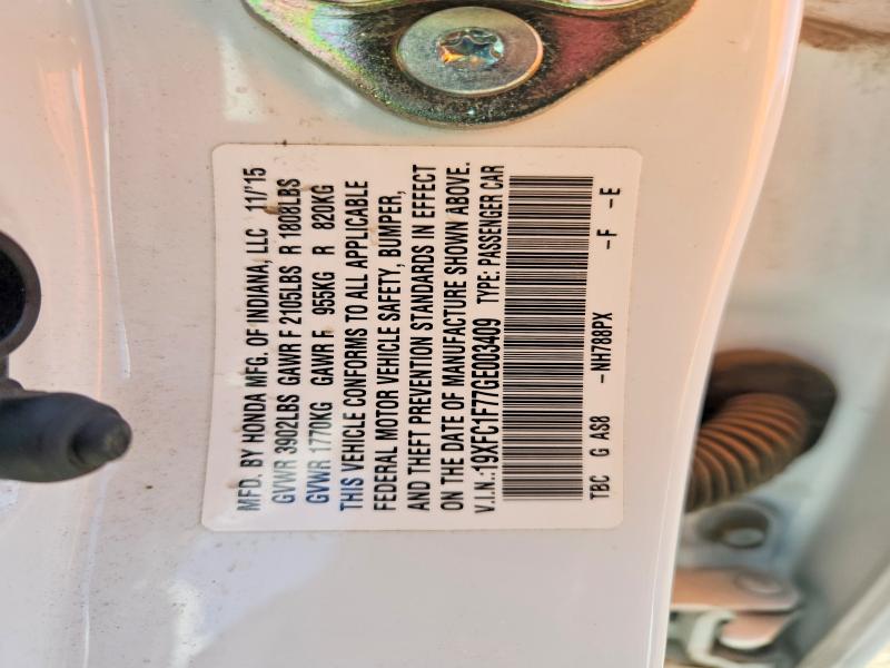 2016 Honda Civic მანქანა იყიდება აუქციონზე, vin: 19XFC1F77GE003409, აუქციონის ნომერი: 69204146