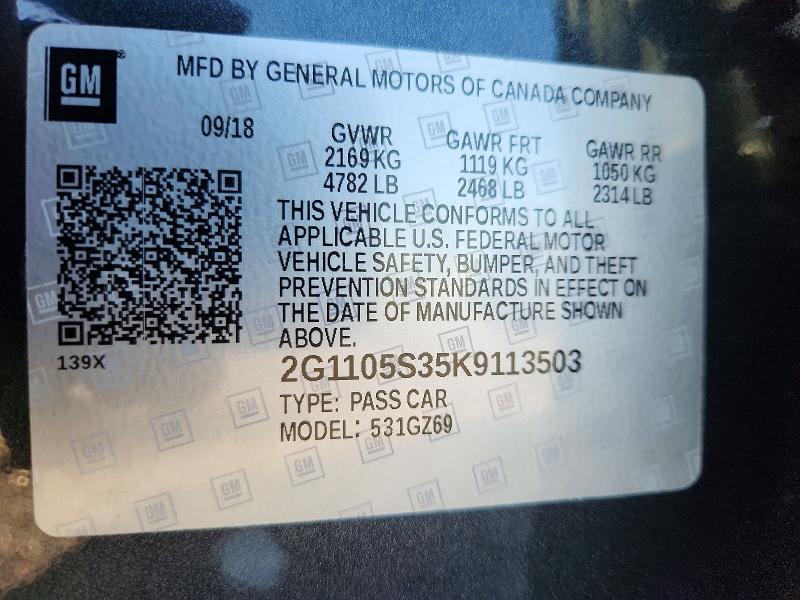 Aukcja sprzedaży 2019 Chevrolet Impala, vin: 2G1105S35K9113503, numer aukcji: 68635226