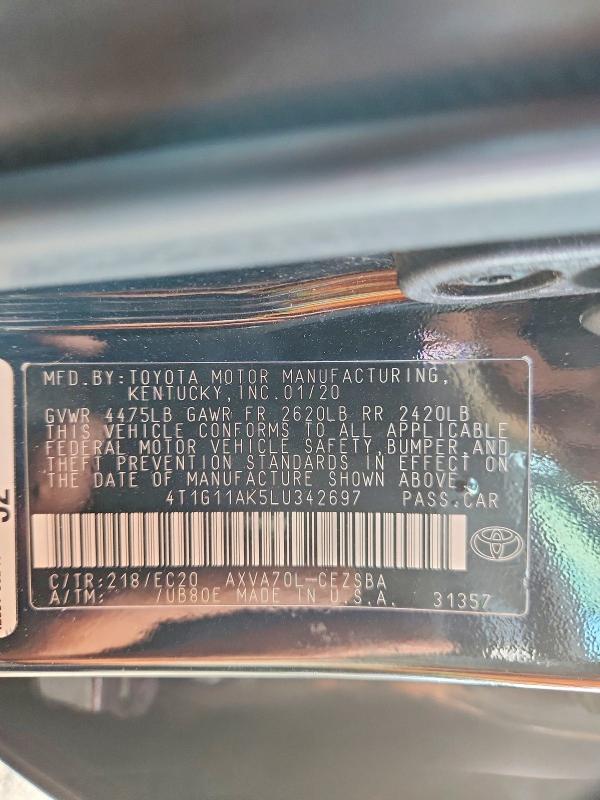 Продаж на аукціоні авто 2020 Toyota Camry, vin: 4T1G11AK5LU342697, номер лоту: 69570556