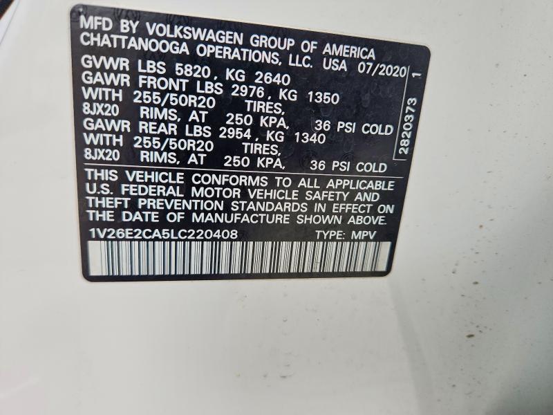69412086 :رقم المزاد ، 1V26E2CA5LC220408 vin ، 2020 Volkswagen Atlas Cross Sport مزاد بيع