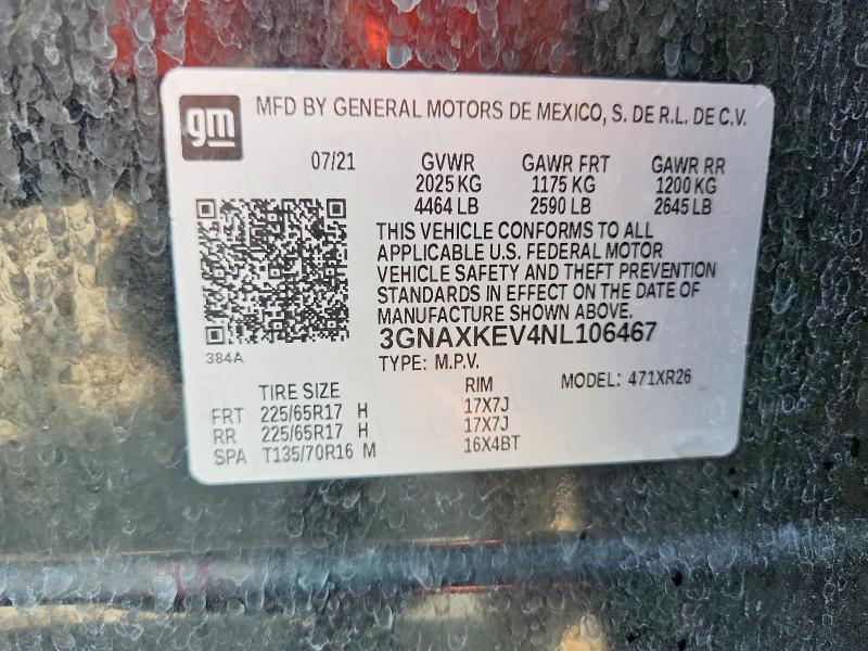 2022 Chevrolet Equinox მანქანა იყიდება აუქციონზე, vin: 3GNAXKEV4NL106467, აუქციონის ნომერი: 67346906