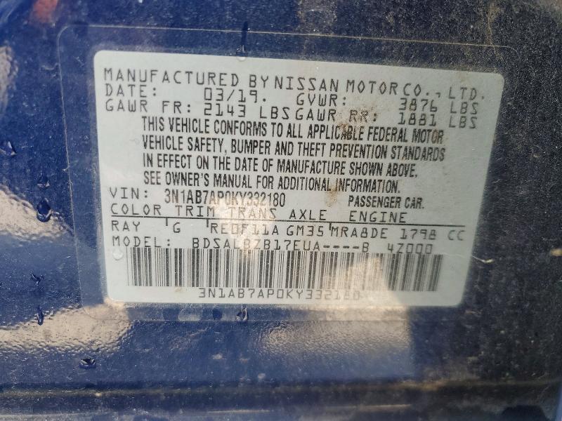 2019 Nissan Sentra მანქანა იყიდება აუქციონზე, vin: 3N1AB7AP0KY332180, აუქციონის ნომერი: 69542026