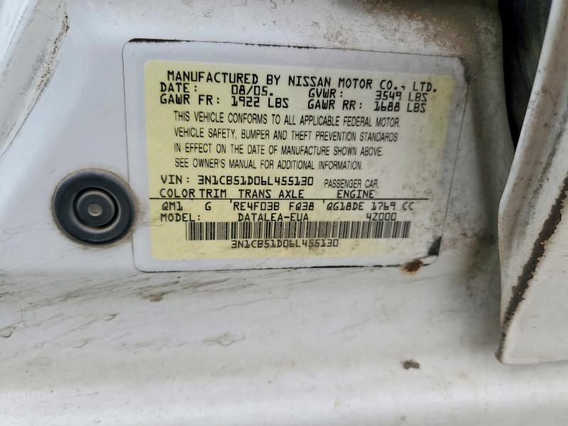 Aukcja sprzedaży 2006 Nissan Sentra, vin: 3N1CB51D06L455130, numer aukcji: 67006146