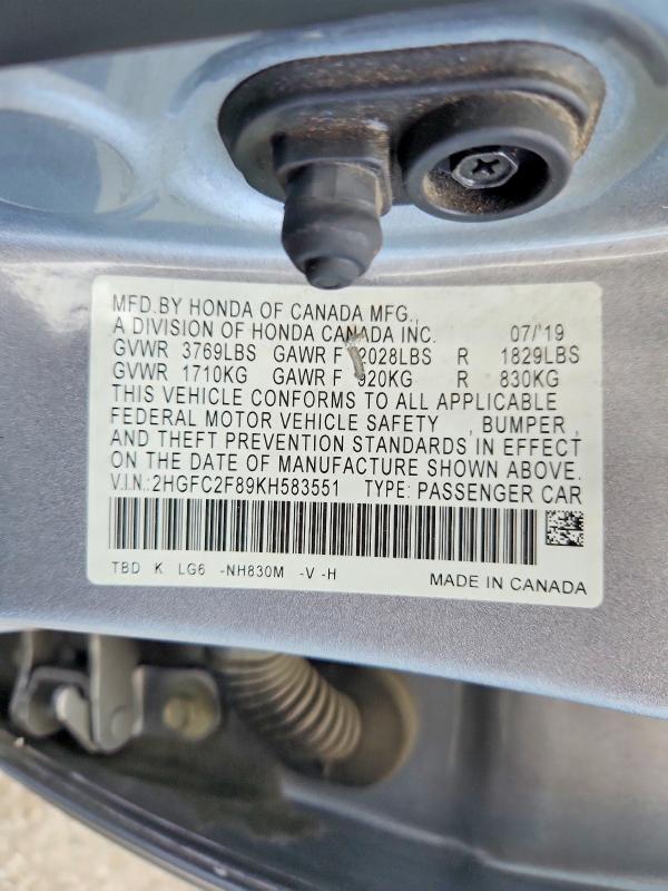 Aukcja sprzedaży 2019 Honda Civic, vin: 2HGFC2F89KH583551, numer aukcji: 69632576