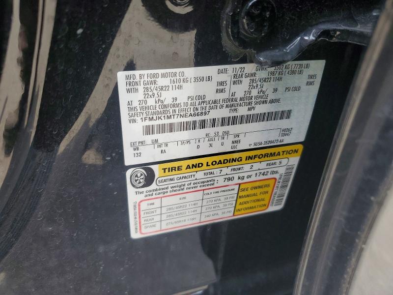 Продаж на аукціоні авто 2022 Ford Expedition, vin: 1FMJK1MT7NEA66897, номер лоту: 67981686