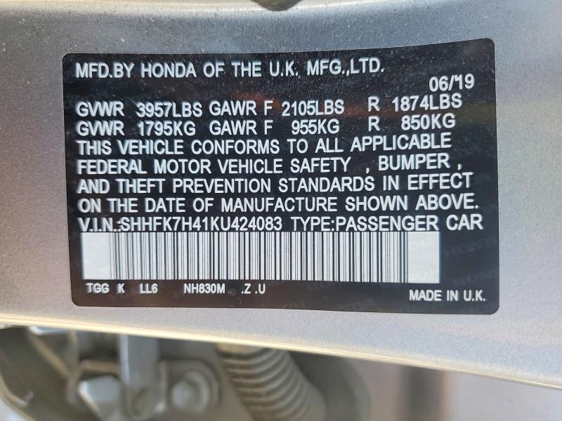 69799136 :رقم المزاد ، SHHFK7H41KU424083 vin ، 2019 Honda Civic مزاد بيع
