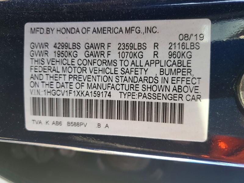 2019 Honda Accord მანქანა იყიდება აუქციონზე, vin: 1HGCV1F1XKA159174, აუქციონის ნომერი: 70741576