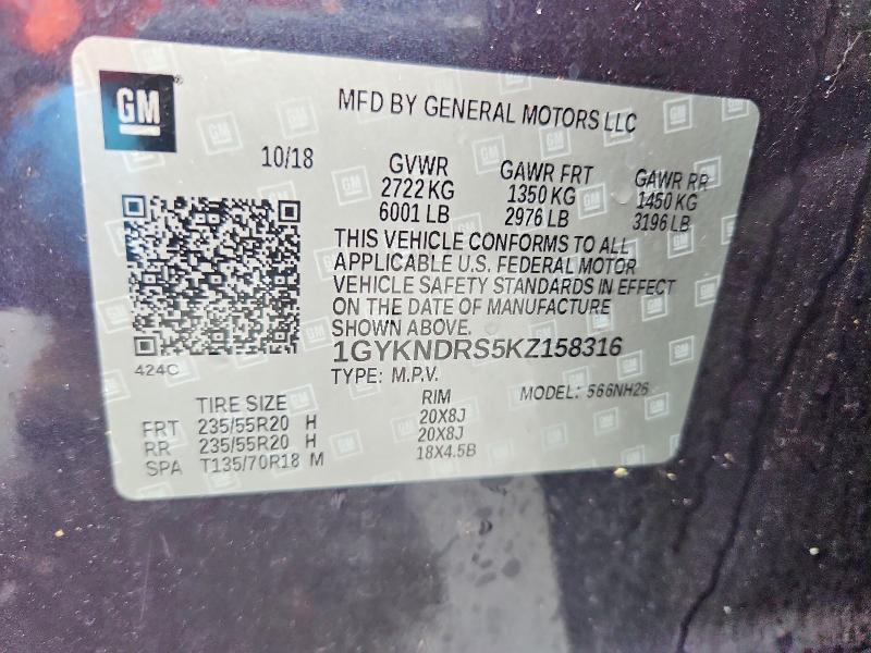 2019 Cadillac Xt5 მანქანა იყიდება აუქციონზე, vin: 1GYKNDRS5KZ158316, აუქციონის ნომერი: 69515376