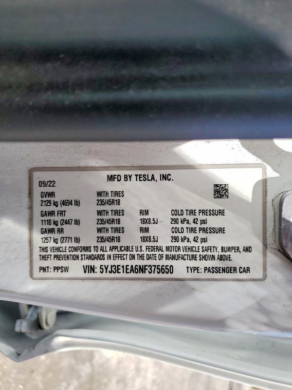 Aukcja sprzedaży 2022 Tesla Model 3, vin: 5YJ3E1EA6NF375650, numer aukcji: 66998406