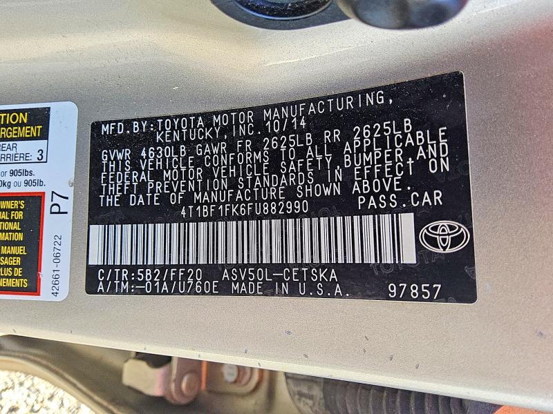 Продажа на аукционе авто 2015 Toyota Camry, vin: 4T1BF1FK6FU882990, номер лота: 67872746