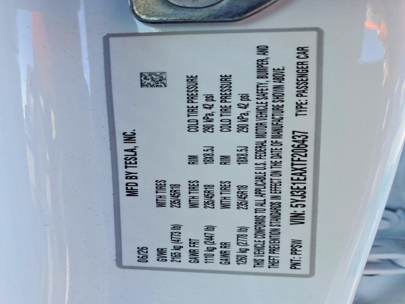 Продаж на аукціоні авто 2026 Tesla Model 3, vin: 5YJ3E1EAXTF206437, номер лоту: 67218996