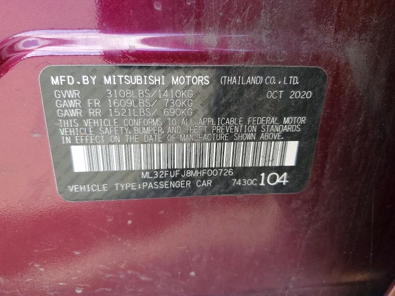 69989106 :رقم المزاد ، ML32FUFJ8MHF00726 vin ، 2021 Mitsubishi Mirage مزاد بيع