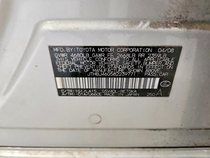 69810306 :رقم المزاد ، JTHBJ46G582239771 vin ، 2008 Lexus Es مزاد بيع