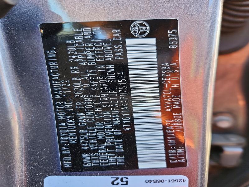 2023 Toyota Camry მანქანა იყიდება აუქციონზე, vin: 4T1G11AK4PU751554, აუქციონის ნომერი: 67368366